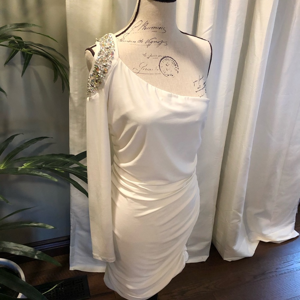 One shoulder white jewel dress long sleeve